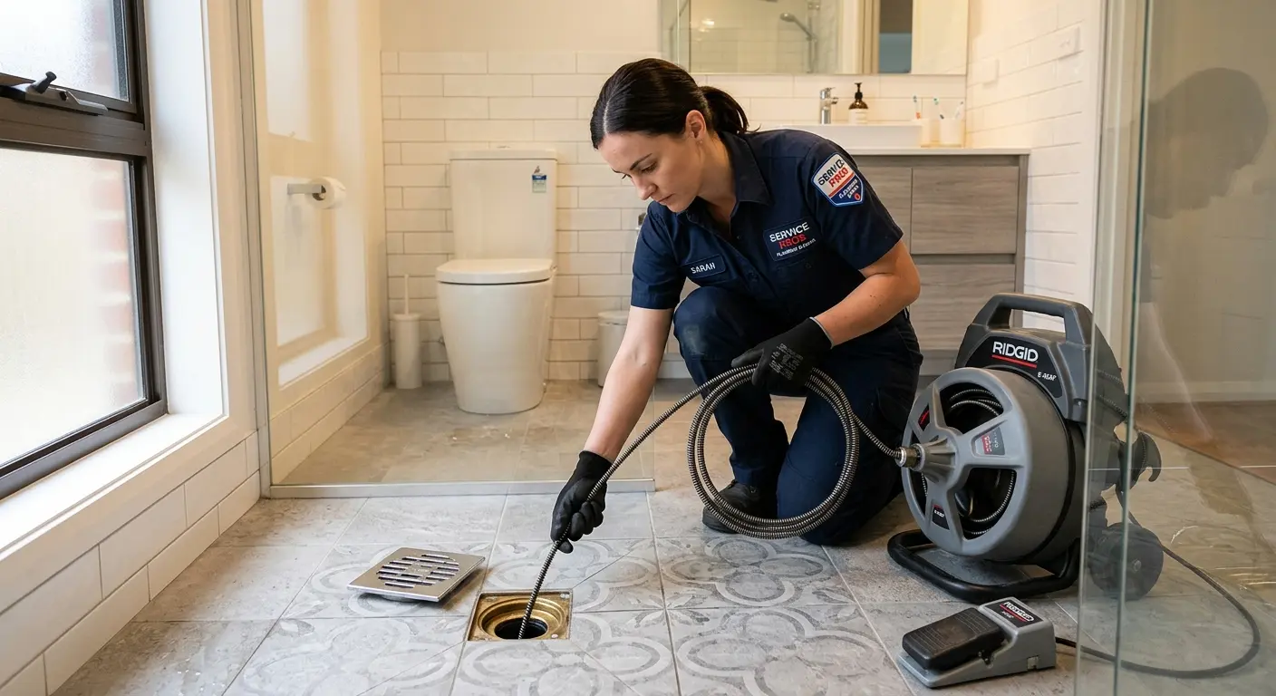 Technician clearing a bathroom floor drain for Hydro Jetting in Jensen Beach
